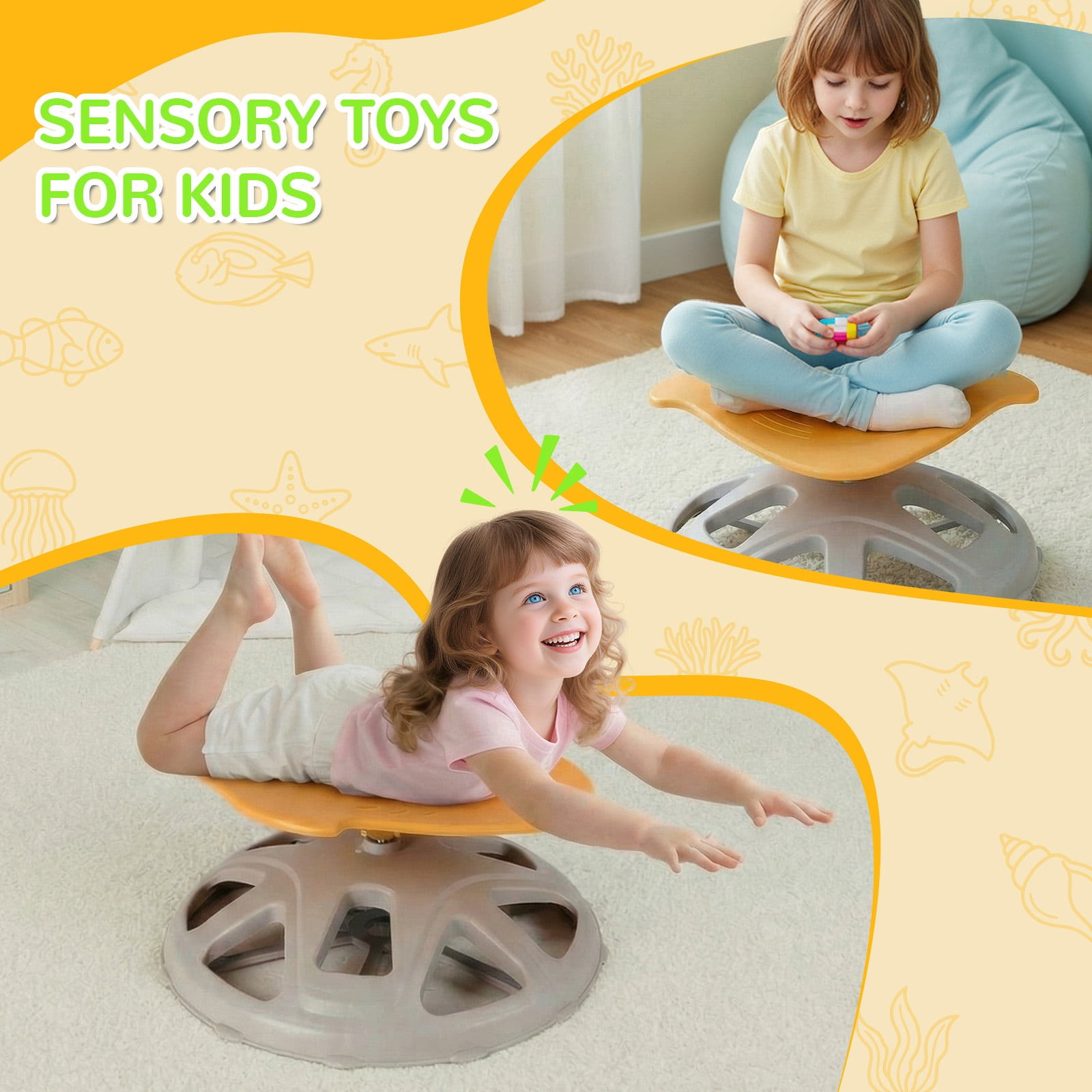 TLSUNNY Spinning Chair for Autistic Kids, Fish-Shaped , 220LB Capacity, 360°Sensory Swivel Chair W/ Upgraded Base, Sit and Spin Toys Indoor Outdoor Play