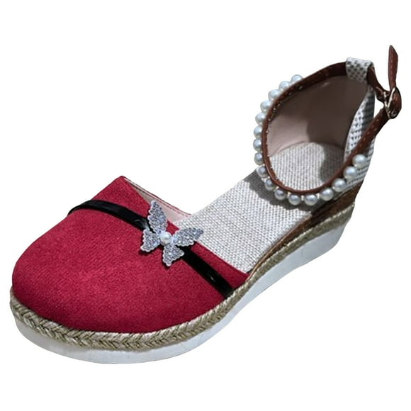 XIAQUJ Women's Wedge Casual Sandals Butterfly Pearl Fashion Casual Shoes Sandals for Women 2024 Red 7.5