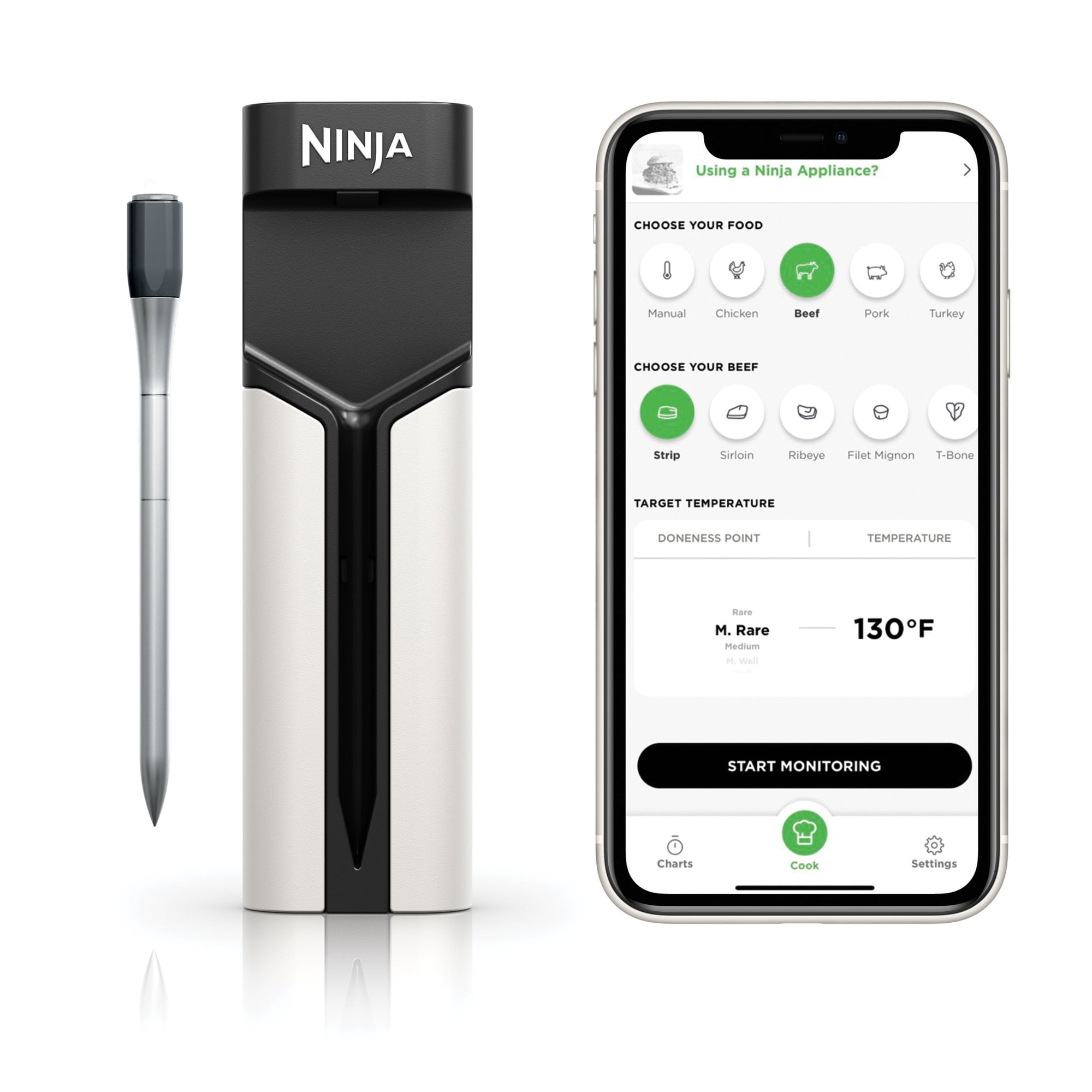 Ninja - ProChef Wireless Thermometer Indoor & Outdoor, 700?F, extended battery life, long range connection, waterproof - Black/Silver