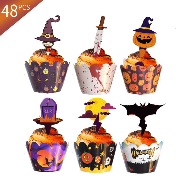 48Pcs Halloween Spider Witch Pumpkin Cupcake Wrapper DIY Cake Topper Decor Int