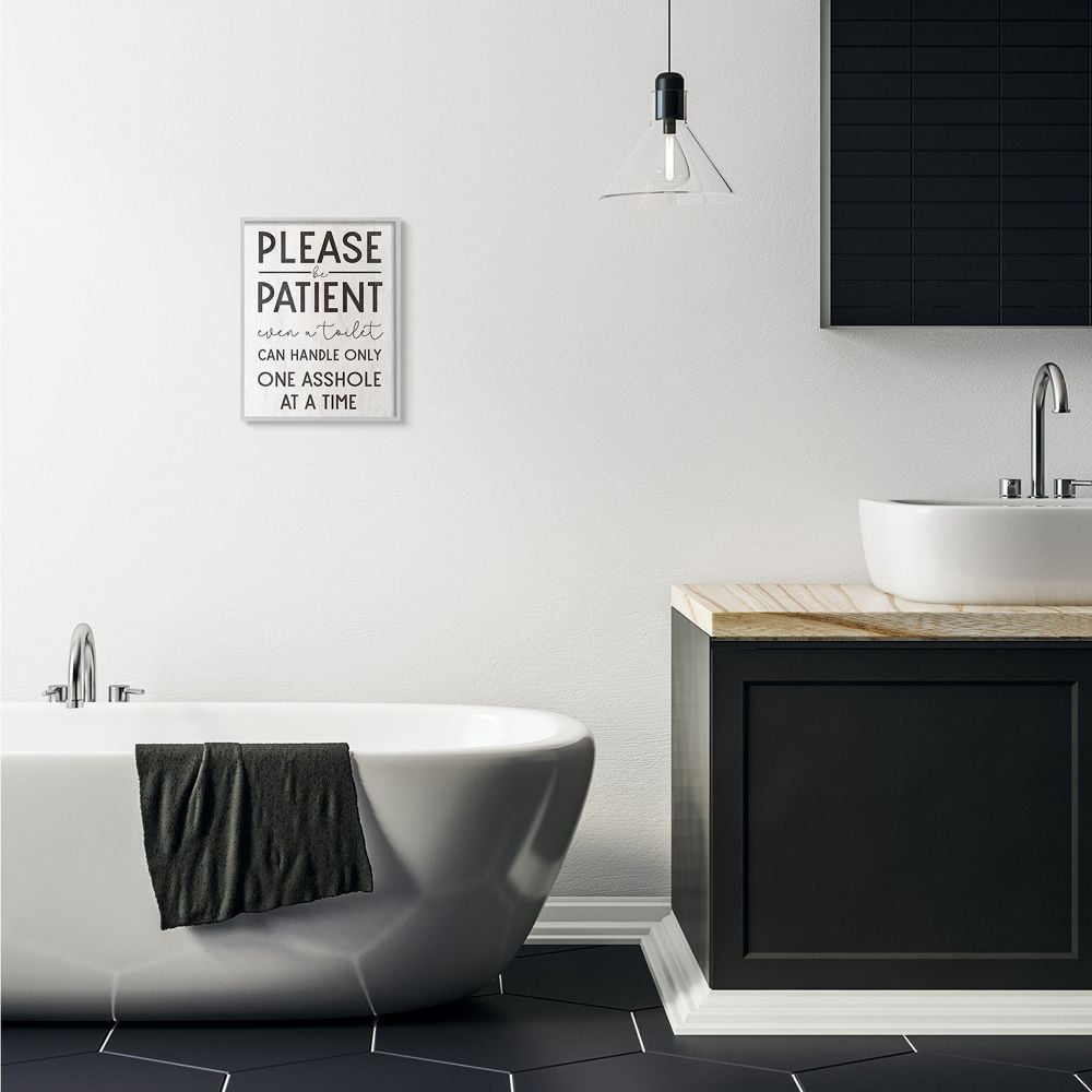 Stupell Industries Please Be Patient Funny Bathroom Wood Texture Word Design Framed Wall Art by Daphne Polselli