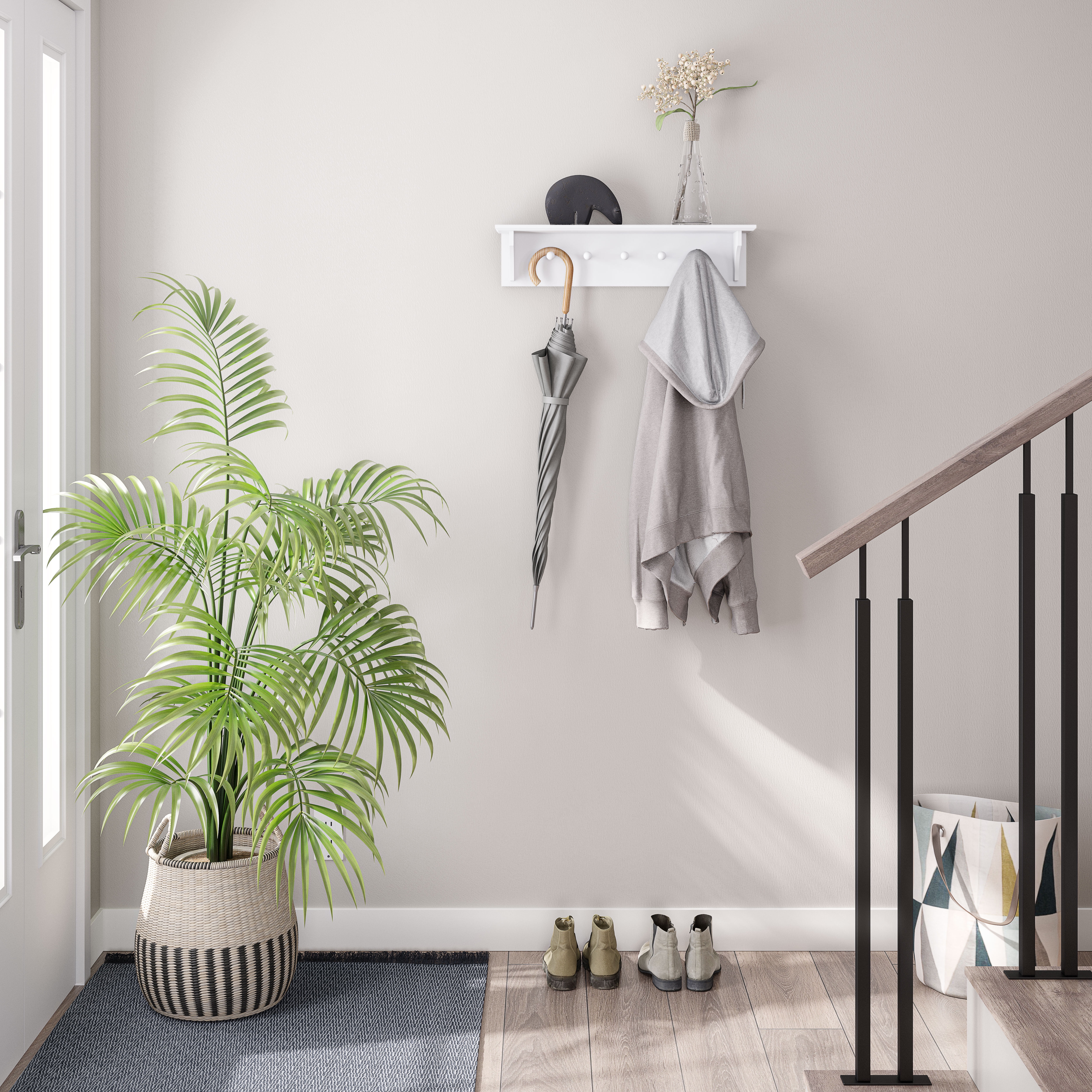 Ballucci Wall Coat Rack Shelf, Entryway Floating Shelf Rack, 5 Pegs, 24", White