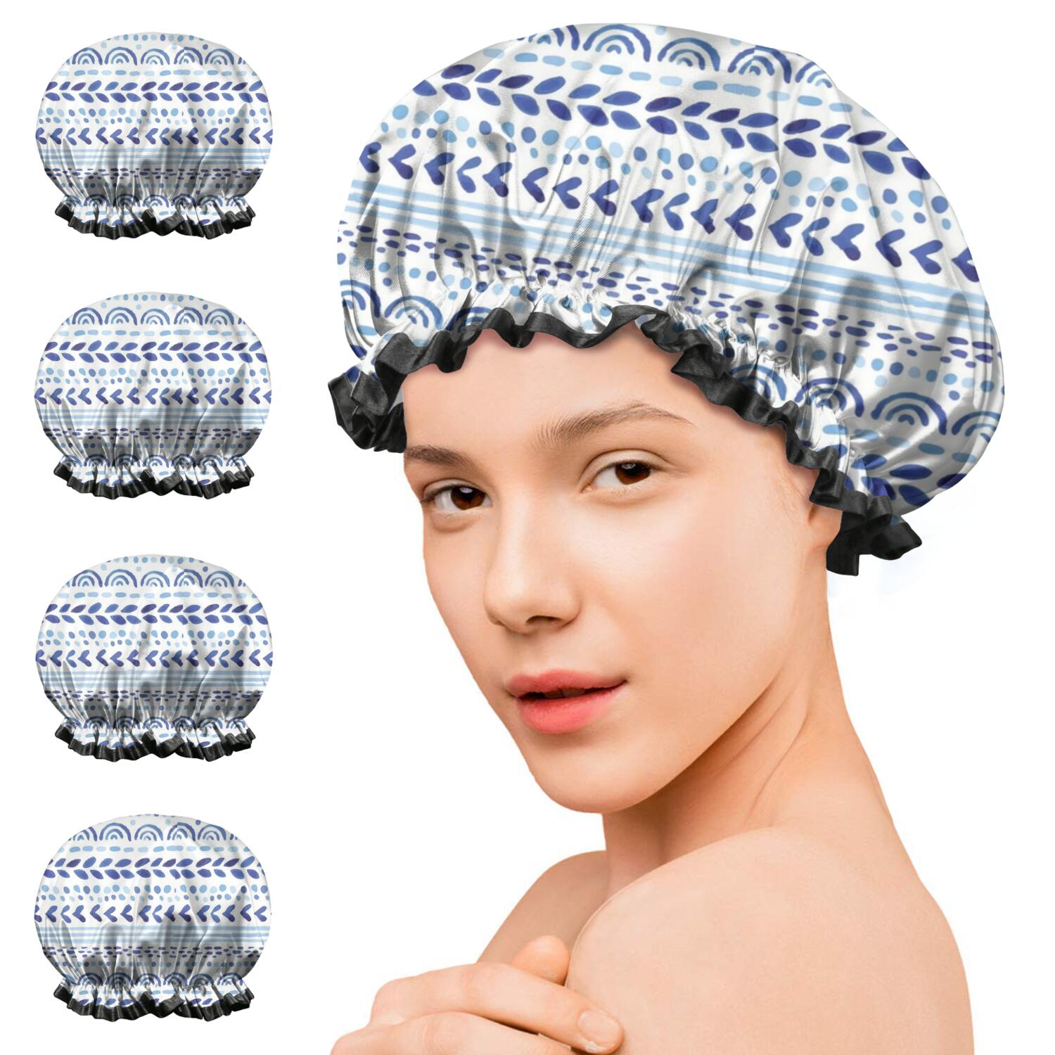 Shower Caps,Blue Striped Geometric Pattern Waterproof Shower Cap for Women 4 Pieces,Double Reusable Hair Cover for Shower PEVA Elastic Stretch Hem