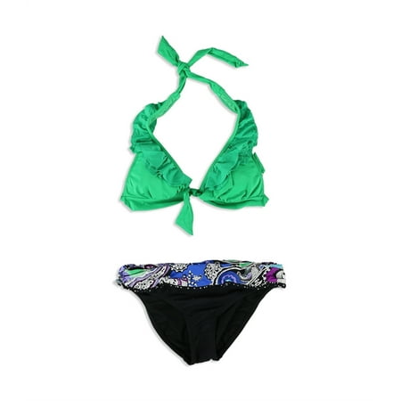 Kenneth Cole Womens Banded Paisley 2 Piece Bikini, Green, Small