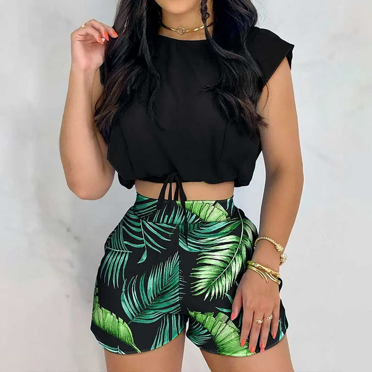 Fashion Outfits Womens Summer 2 Piece Outfits Short Sets Sleeveless  Crewneck Crop Tops Two Piece Lounge High Waisted Shorts Suits
