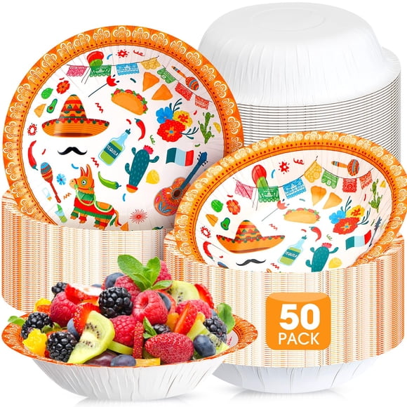 Skybooly 50 Pcs 16 oz Fiesta Bowls Disposable Mexican Party Serving Paper Bowls 7 Inch Cinco De Mayo Heavy Duty Paper Pl