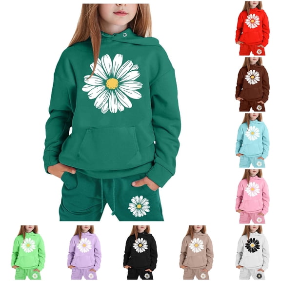 GobdXE Girls 2 Piece Hoodie Sweatpants Set Daisy Print Long Sleeve Pullover Tracksuit Casual Outfit for Kids Girls 1-2 Years,Dark Green