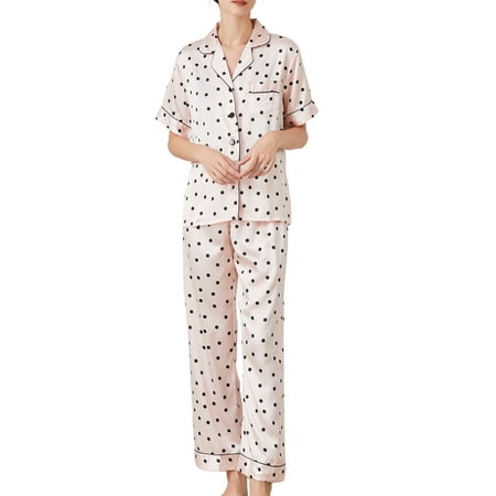 

Wrchote Womens Silky Satin Short Pajamas Set Classic Sleepwear Loungewear Summer Loose Fit Button Down Sleepwear Outfits