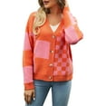 thumbnail image 2 of Womens Color Block Plaid Button Down Cardigan Long Sleeve Cable Knit Checkered Sweaters Tops Y2k Aesthetic Clothes Orange L, 2 of 10
