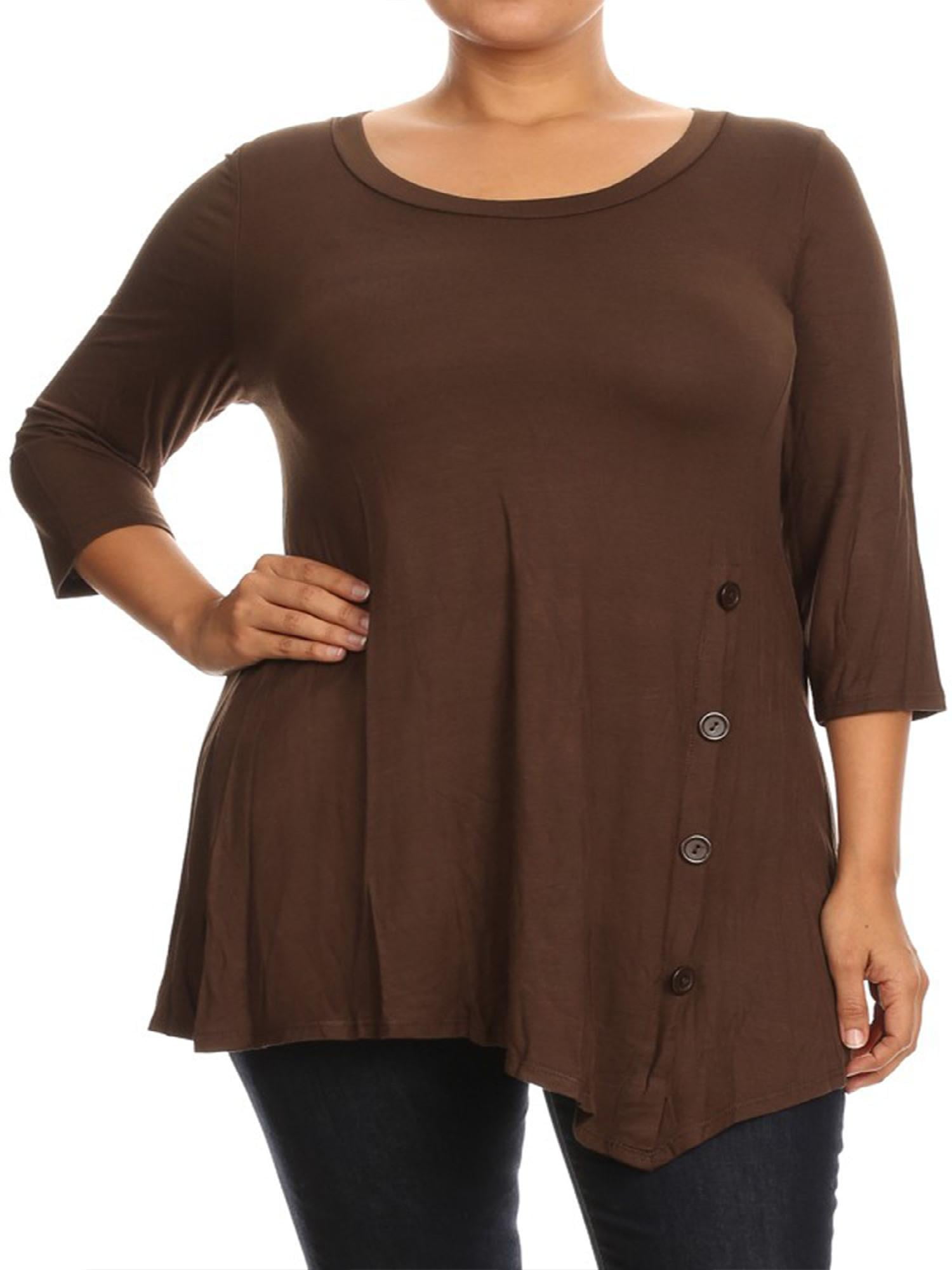 Women's Plus Size Solid Basic Knit Side Button Trim Tunic Top Tee Made