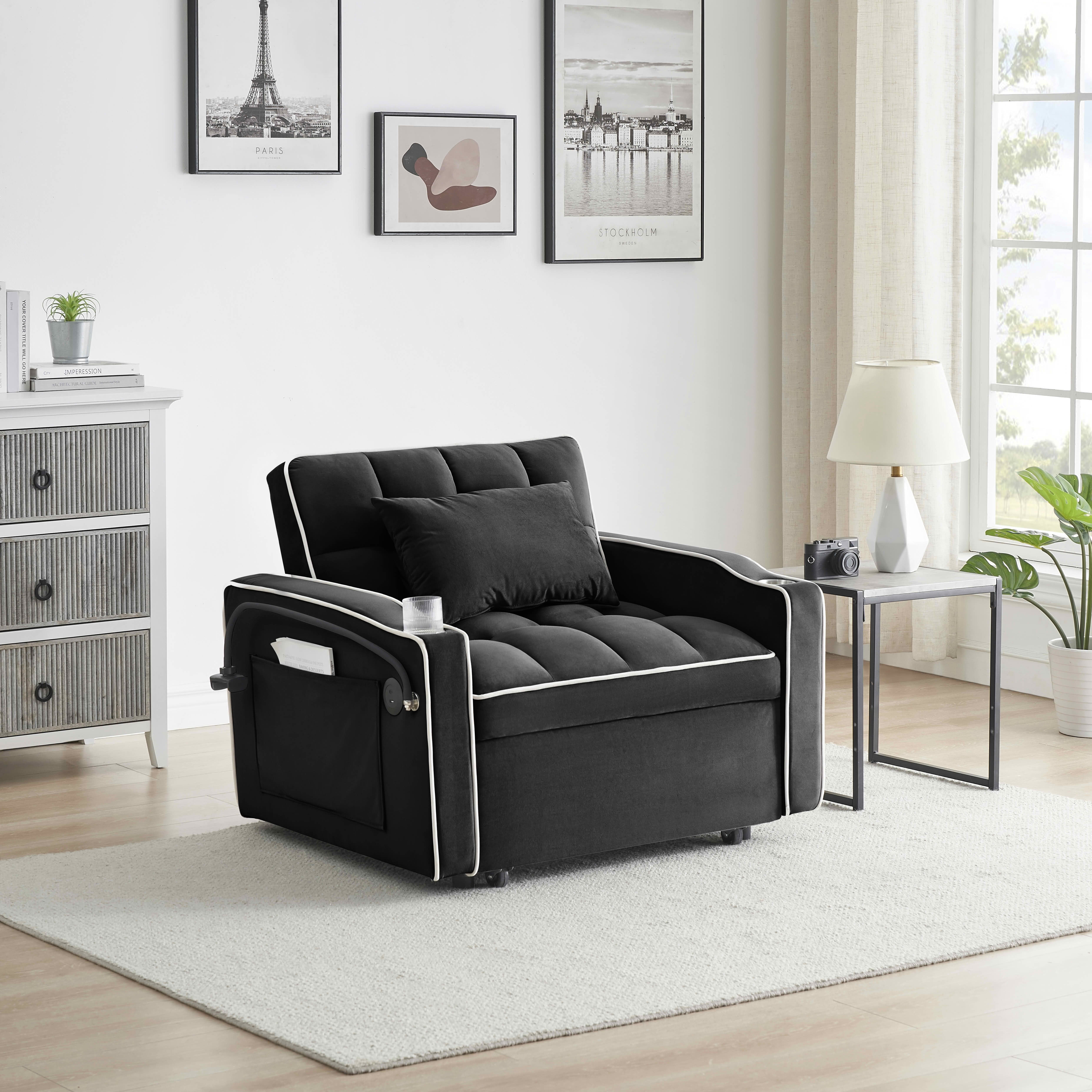 MAYEERTY Black Velvet Foldable Single Sofa Bed, Adjustable Back Pull-Out Couch with USB Port, Ashtray & Swivel Phone Stand Eucalyptus Wood Frame