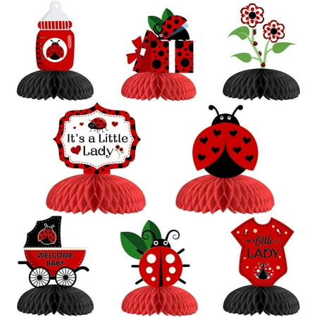 8PCS Ladybug Party Honeycomb Centerpieces, Ladybug Baby Shower Decorations - Red and Black Summer Bugs 3D Table Topper for Little Girl’s Ladybird Themed Birthday Party Supplies
