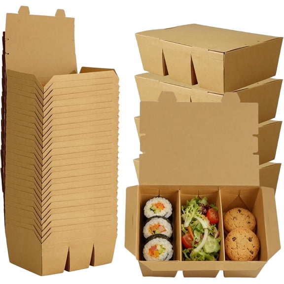 30 Pack 3 Compartment Kraft Brown Paper Take Out Food Containers 7.5 x 5.4 x 2.6 in Disposable Greaseproof Bento Boxes with Lid for Lunch Dinner Takeout