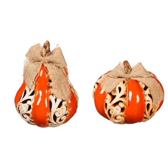 LED Ceramic Table Décor, 2 Assorted, Pumpkins, 5.7'' x 5.7'' x 7.3'' inches