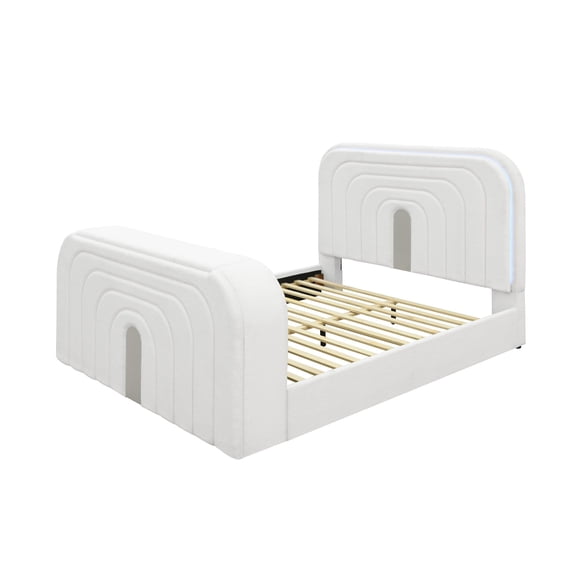 ACME Shelyn EK Bed w/LED, TV Cabinet, Fireplace & Bluetooth, White Teddy Sherpa & Chrome