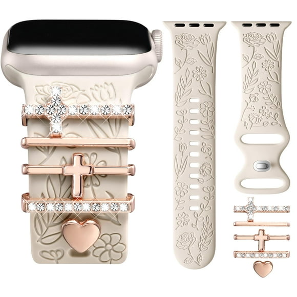 Correa de reloj DaQin grabada con forma de flor y dijes para Apple, 44 mm
