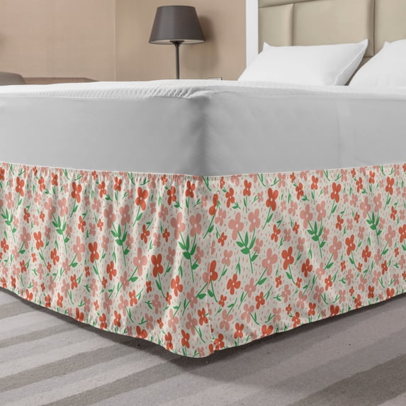Floral Bed Skirt, Blooms Petals Pastel Childish Meadow Buds Spring Doodle, Elastic Bedskirt Dust Ruffle Wrap Around for Bedding Decor, 4 Sizes, Salmon Blush, by Ambesonne