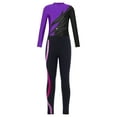 thumbnail image 3 of iEFiEL Girls Long Sleeve Shiny Rhinestones Leotard with Side Stripes Pants Contrast Color Gymnastics Dance Suit Purple&Pink 12, 3 of 7