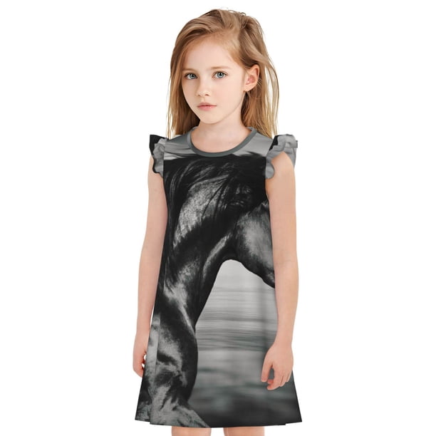 Fotbe Running Horse Vestido de Dormir para Niñas de 3 a 10 Años, Mangas Cortas, Estilo Princesa, Pijama Camisón con Mangas Voladas-X-Large