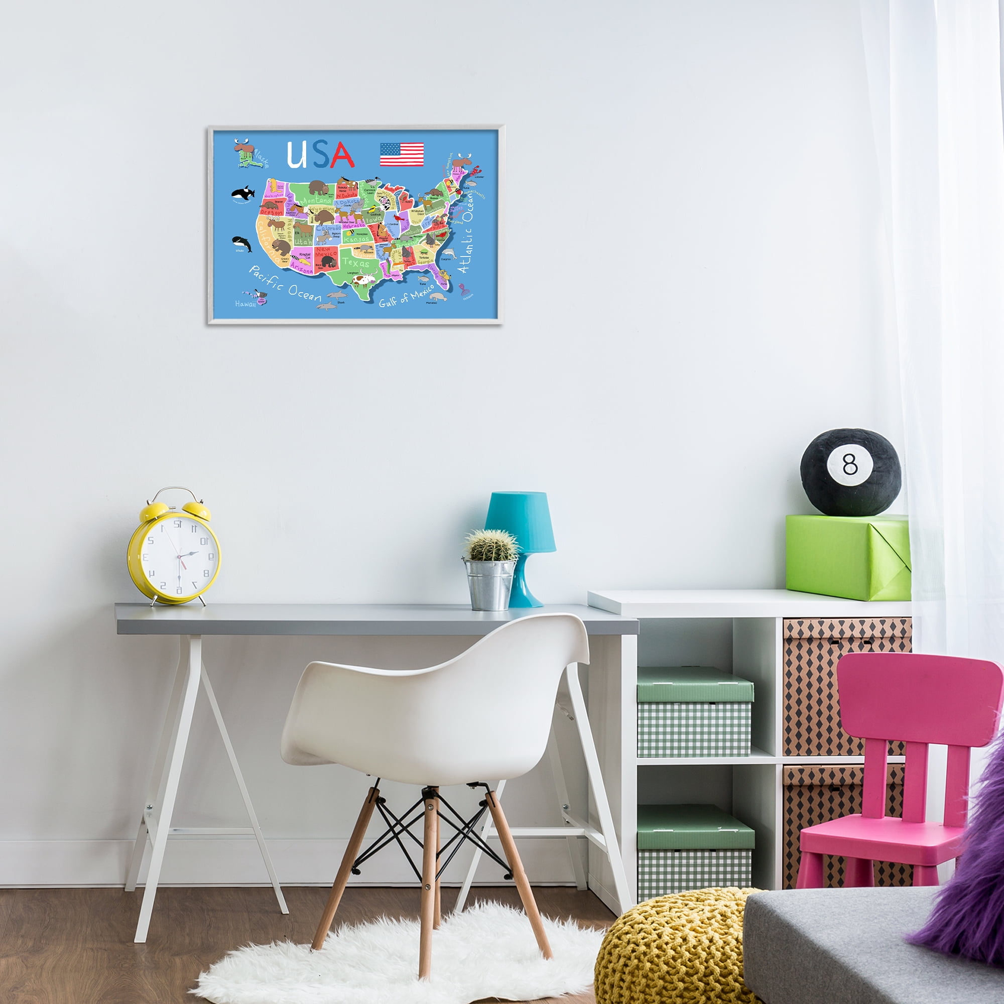 Stupell Industries United States Animal Map Travel & Places Painting White Framed Art Print Wall Art, 24 x 16