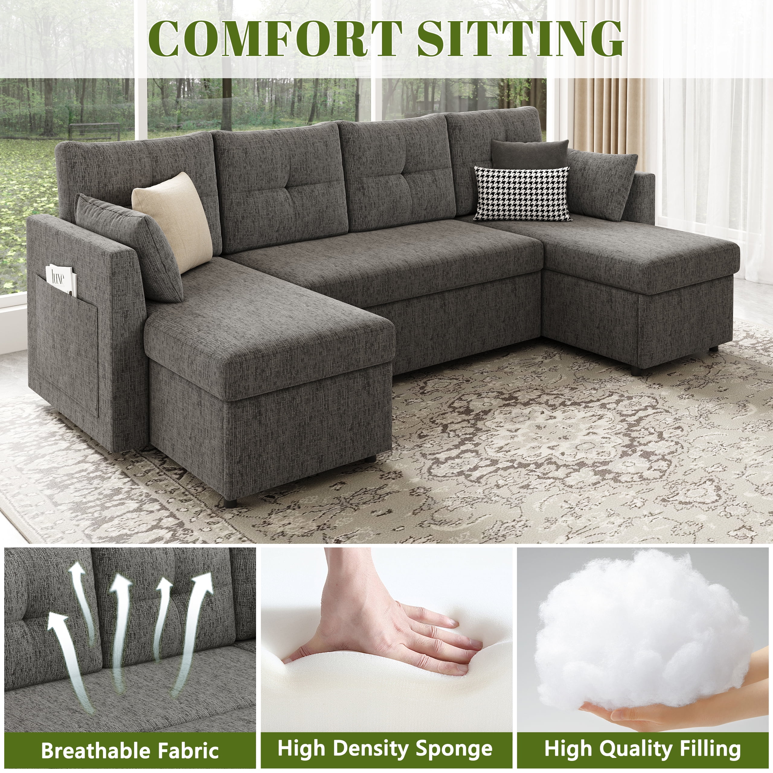 Mangodan 110 inch Sectional Oversized Sleeper Sofa with Side Pocket , Pullout Couch Bed with Double Storage Chaise, Dark Grey