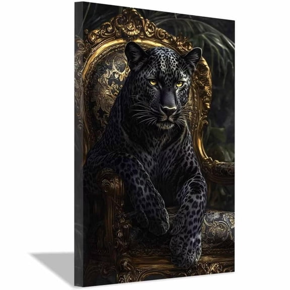 Mudket Framed Leopard on Gold Throne Canvas Wall Art, Regal Wildlife Print Wall Decor, Ready to Hang for Men Office Living Room - 12"L x 8"W