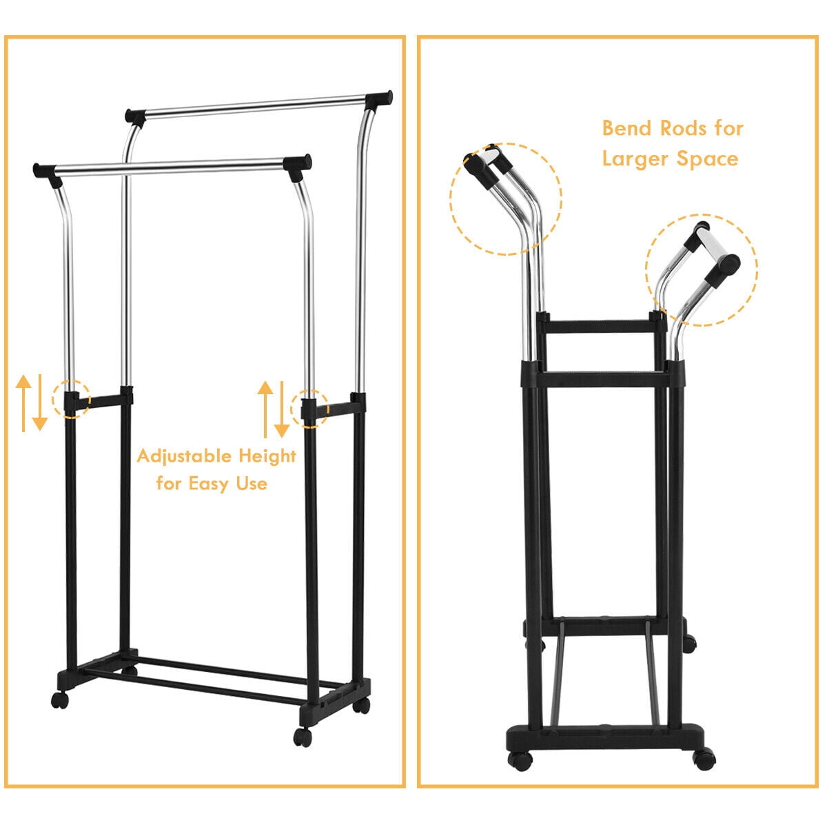 Double Rod Adjustable Clothes Hanger Garment Rack Organizer Rolling