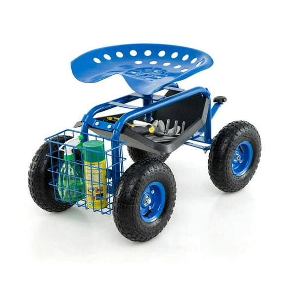 Demifill Heavy Duty Garden Cart with Tool Tray and 360 Swivel Seat, Garden Cart with 4 Inflated Rubber Tires for Outdoor, Blue