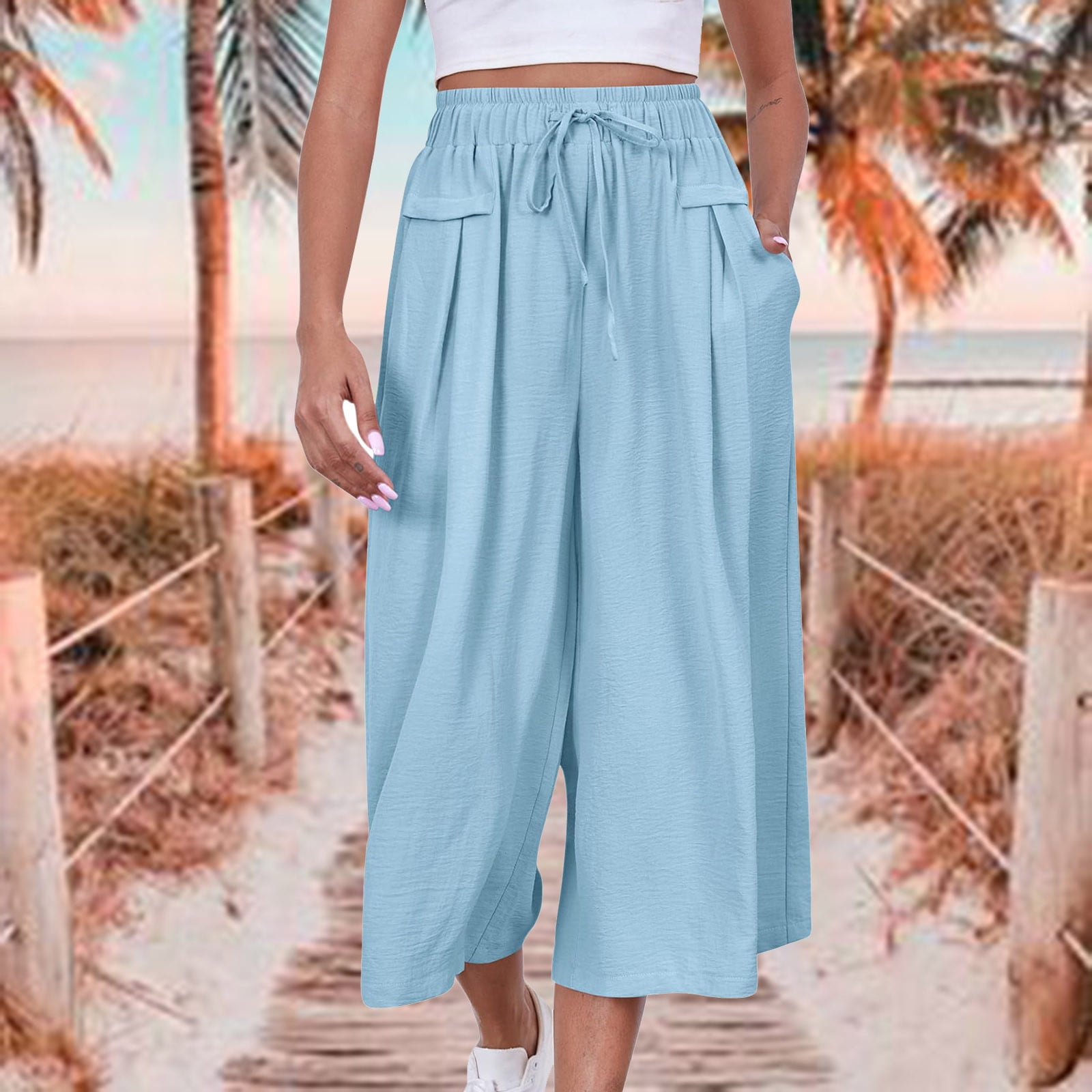 Meichang Women s Wide Leg Capris Pants Solid Elastic High Waist Drawstring Palazzo Pants Pleated Loose Fit Casual Lounge Pants Flowy Capris Pants with