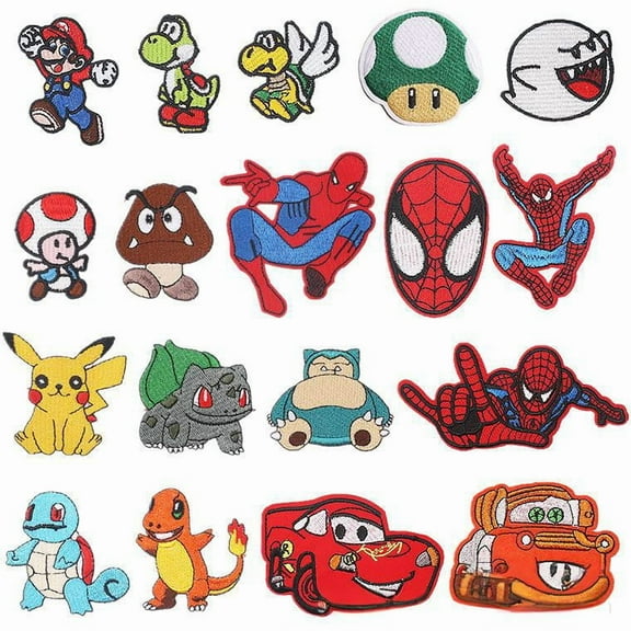 18 Pcs Patches Self Adhesive Patches 3D Lightning McQueen Embroidered Yoshi Applique Sewing Badges Patch for Fabric Clothing Jackets Jeans DIY