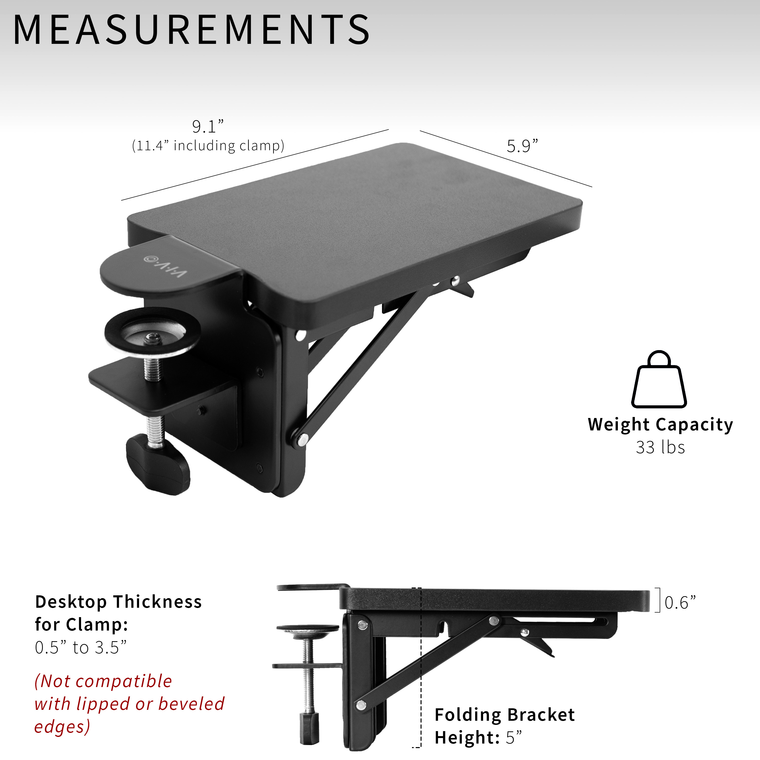 VIVO Black Clamp-on 6 x 9 inch Desk Extension Armrest Tray for Wrist Support