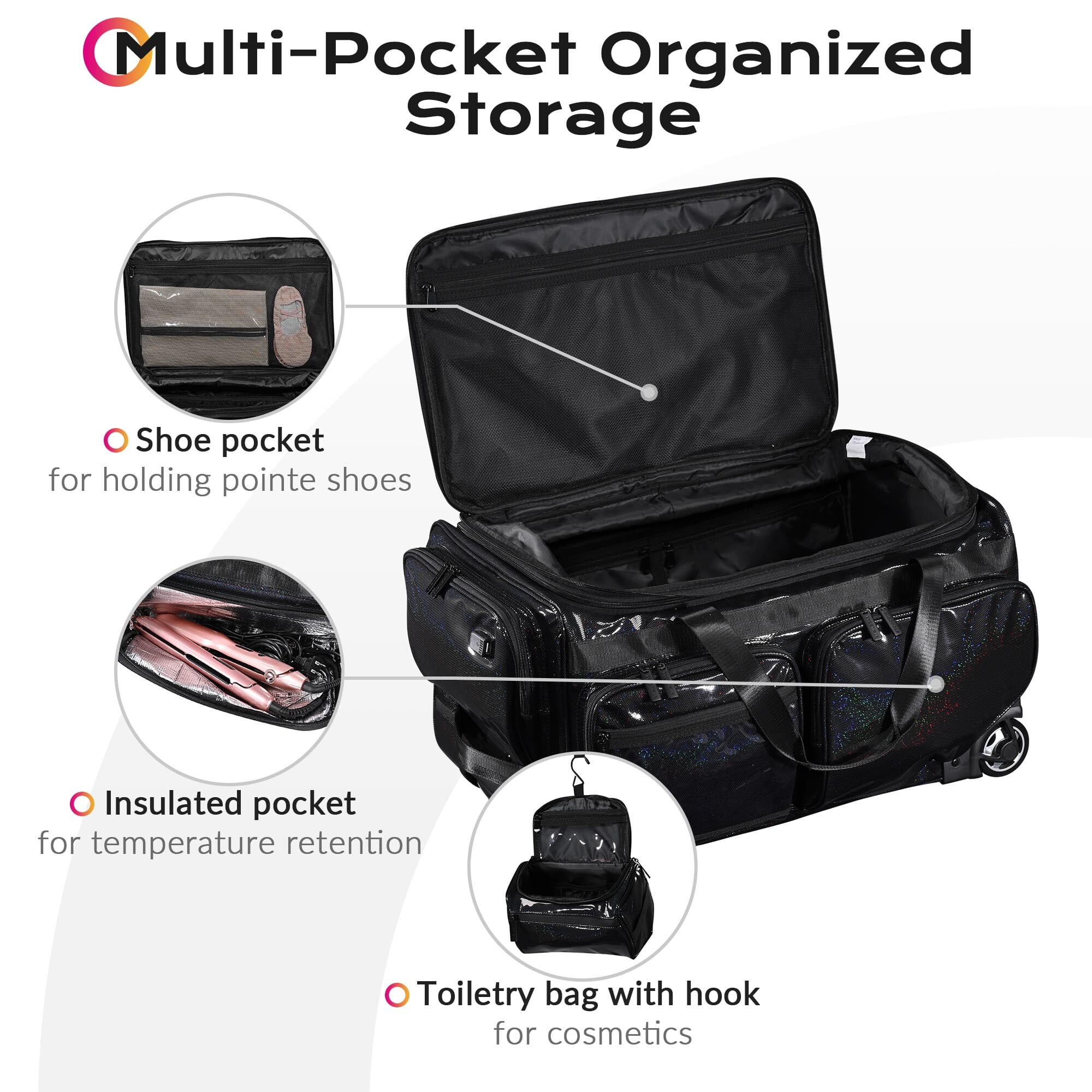 Byootique Rolling Dance Bag with Wheels Travel Duffle Bag Expandable FA Starry
