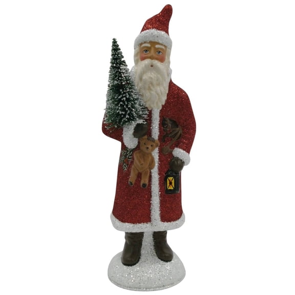 SCHALLER Paper Mache Figurine - Red Glitter Santa with Lantern