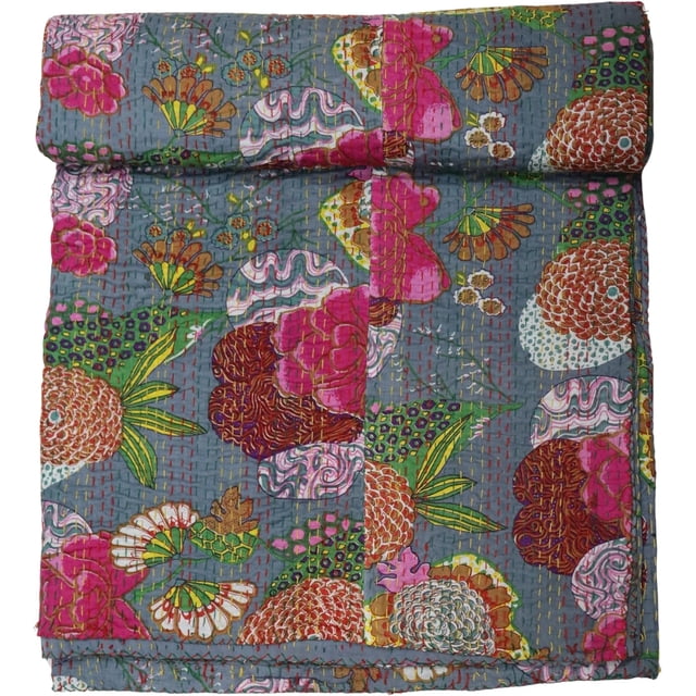 Indian Handmade Floral Print Kantha Quilt, Bedspread, Blanket Size ( Double 90" x 108" )