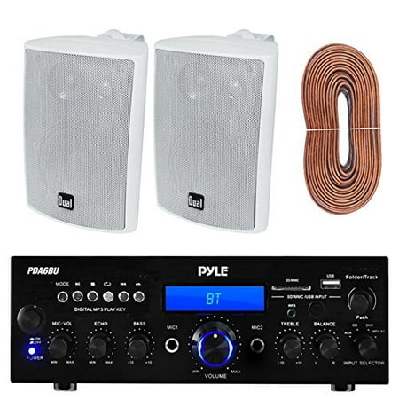 Pyle PDA6BU Amplifier Receiver Stereo, Bluetooth, AM/FM Radio, USB Flash Reader, Aux input LCD Display, 200 Watt With Dual LU43PW Indoor/Outdoor Speakers Bundle With Enrock 50ft 16g Speaker