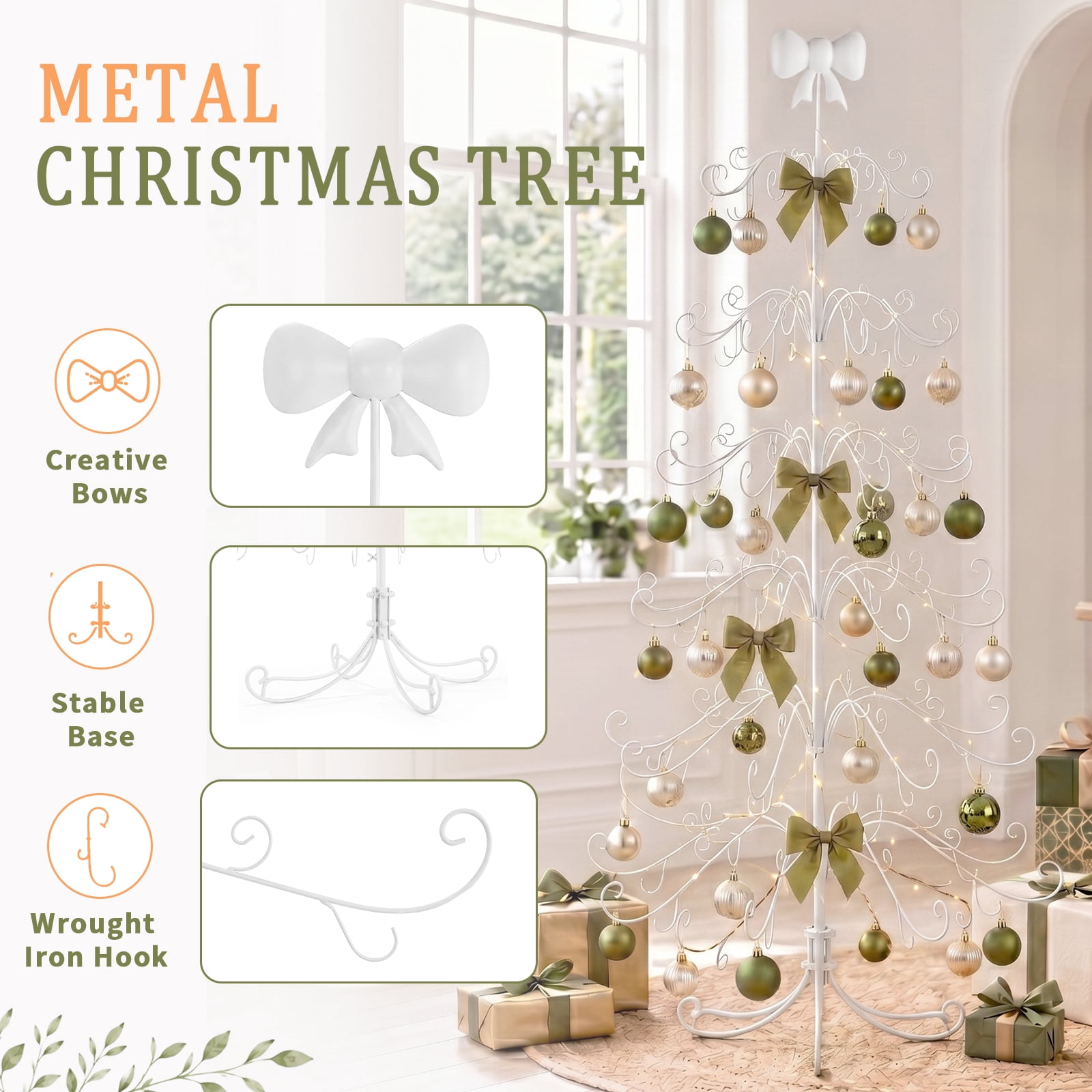 6ft White PVC Metal Artificial Christmas Tree with Bow Topper, No Extra Ornaments, Daily Decor Tree