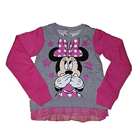 [P] Disney Girls' Minnie Mouse Two Tone Tulle Ruffle Raglan Long Sleeve Fashion Top Tee Shirt (XL)
