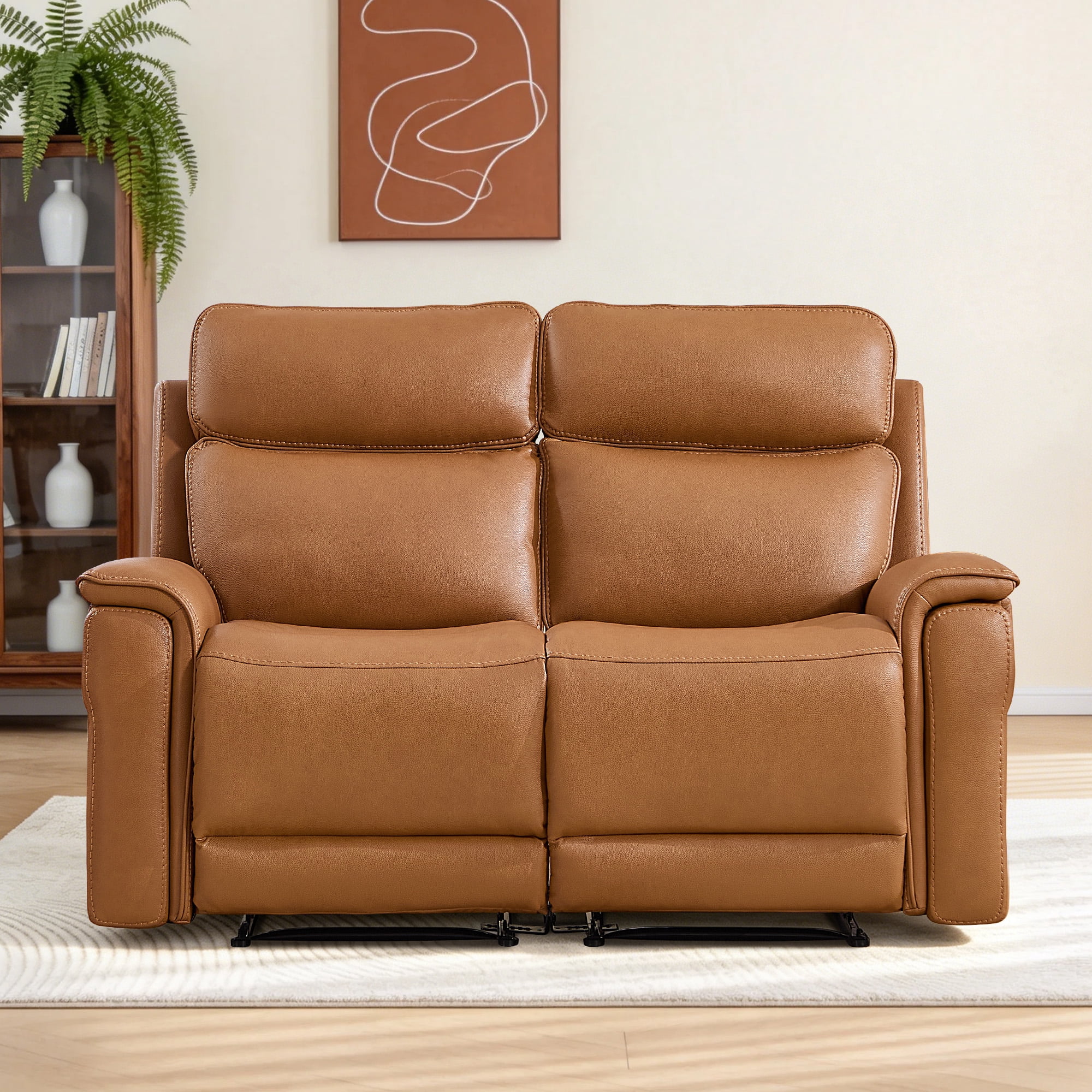 Ebello 2-Seater PU Leather Manual Recliner Sofa - Wall Hugger Loveseat with Hidden Cup Holder, Overstuffed Arms and Back, Reclining Couch for Small Spaces, Brown