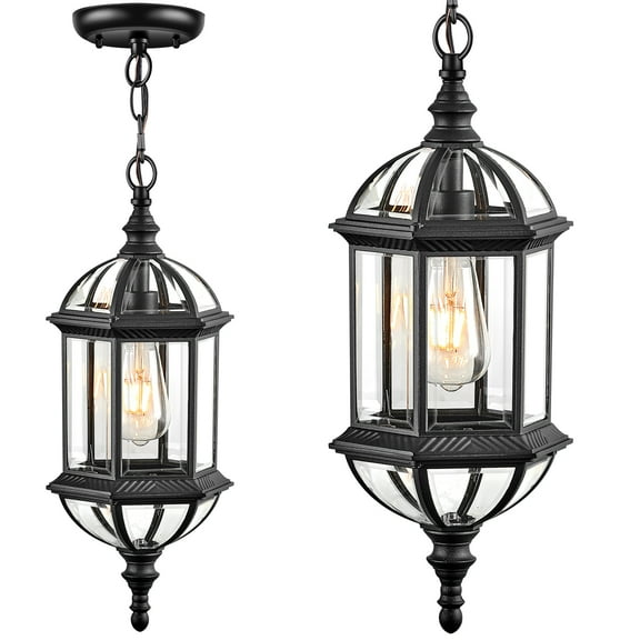VIANIS 20" Large Outdoor Pendant Light, Black Outdoor Chandelier for Porch with Tempered Beveled Glass, 1-Light Adjustable Outdoor Chandelier for Entryway, Gazebo, Anti-Rust, 100% Aluminum