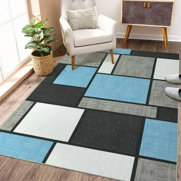 Modern Boxes Area Rug - 8x10, Non Slip, Low Pile, Ultra Thin, Indoor, Light Blue