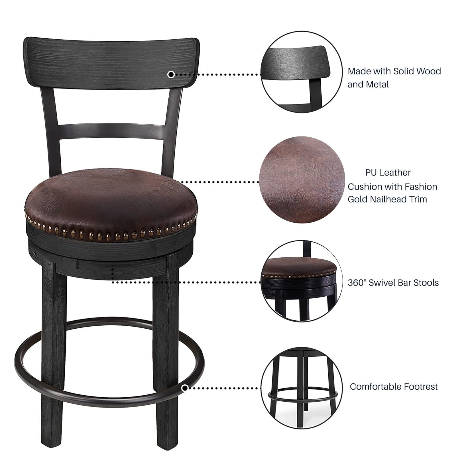 Nathaniel Home, 24" Swivel Counter Height Bar Stools, Dining Chairs with Backrest, Leather Seat Barstool Set of 2, Brown
