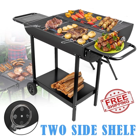 Linsen-outdoors Double Charcoal Barrel Grill with Two Side Shelf Large Stainless Steel Grill For Backyard Camping