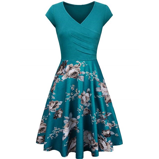 Women's Elegant Commuting Summer Fashion Floral Print Stitching Slim-Fit Large Swing Dress