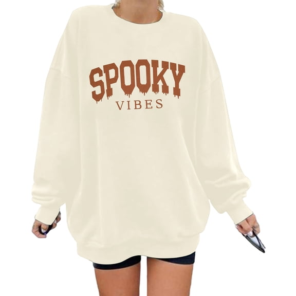 Halloween Sweatshirts for Women Plus Size Trendy Spooky Vibes Letter Printed Graphic Tops Fall Long Sleeve Drop Shoulders Pullovers Tshirts Beige M