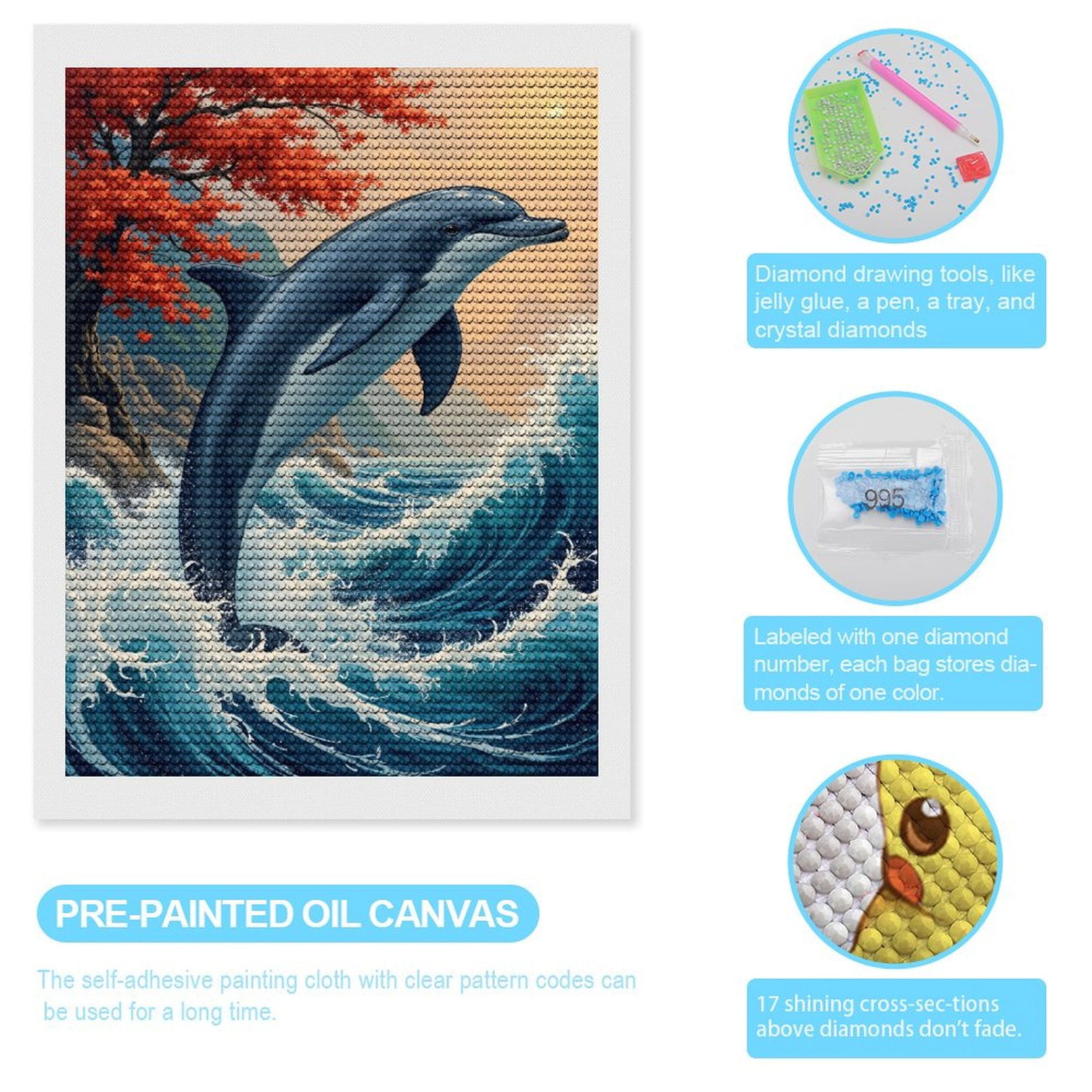 Diamond Art Kits for Adults, Dolphin Ocean Waves Sun Trees 5D Diamond Painting Kits for Adults Beginners, DIY Full Drill Diamond Painting, Gem Art and Crafts 12x16