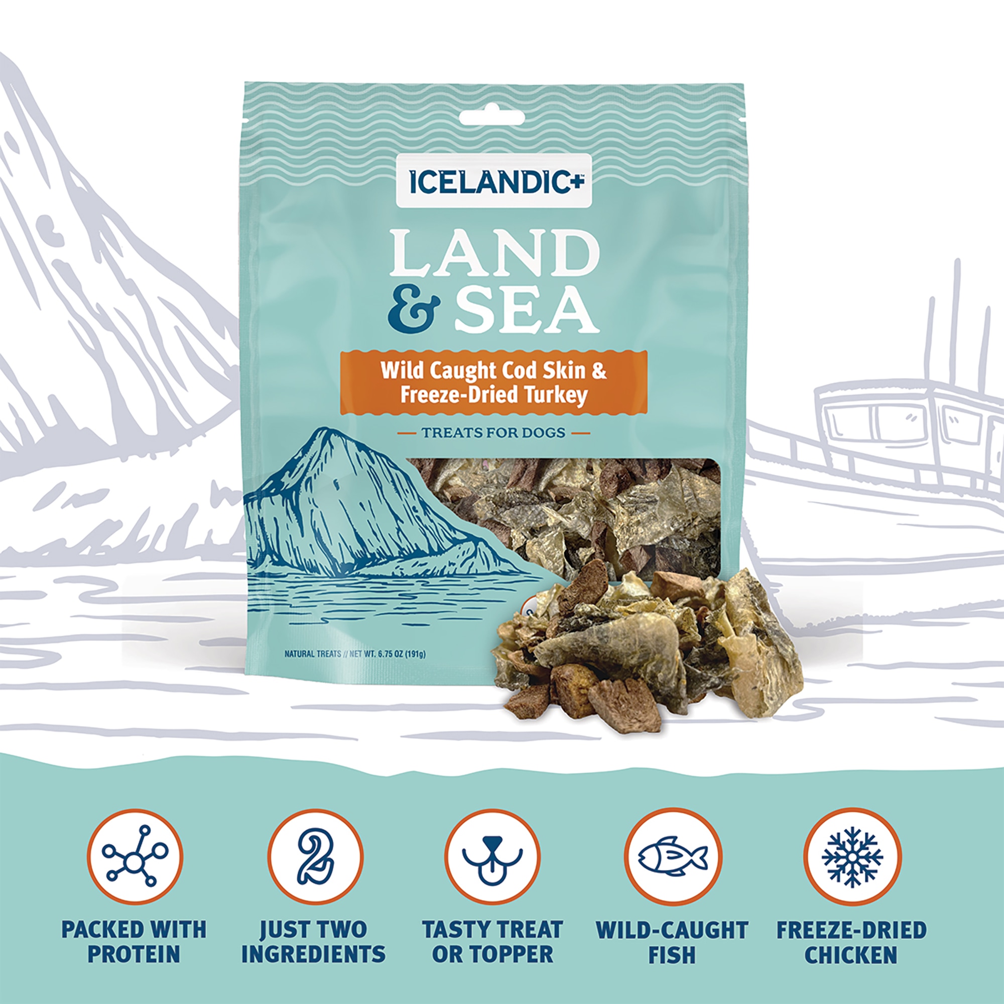 Icelandic+ Land & Sea Wild Caught Cod Skin & Freeze-Dried Turkey - 6.75oz Bag, Dog Treat & Food Topper, 2 Ingredients, No Preservatives, All Natural