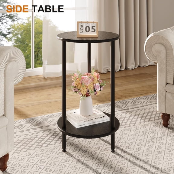 Round Side Table Set of 2, Black Round End Table with Storage, 2-Tier Modern Accent Table, Small Bedside Table for Living Room, Bedroom