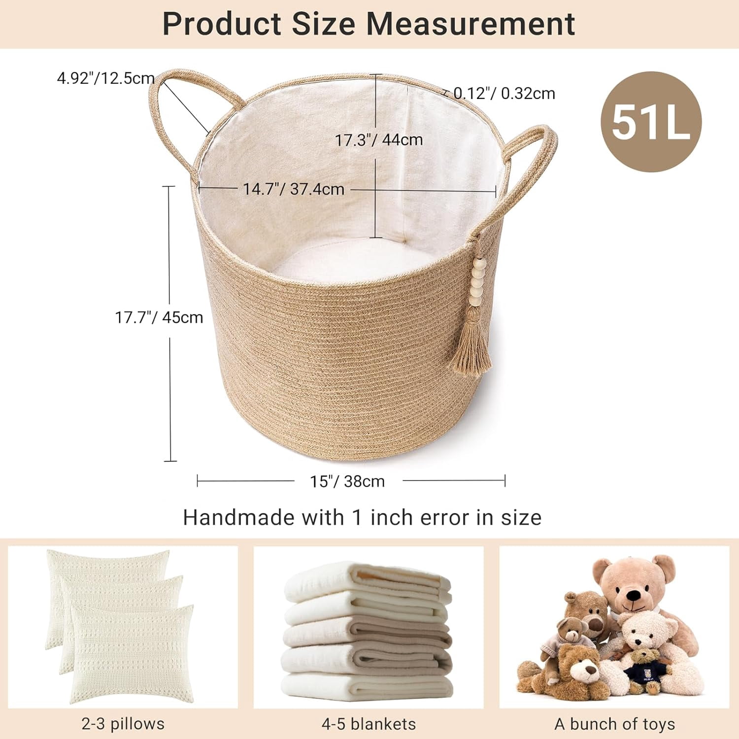 TAVENE 15"Wx17.7"L Tall Wicker Laundry Basket with Handles - Natural Rope Woven Storage Basket Wooden Bead Decoration, Living Room Decorative Organizer Bin for Blankets, Toys, Clothes, Shoes, Plant