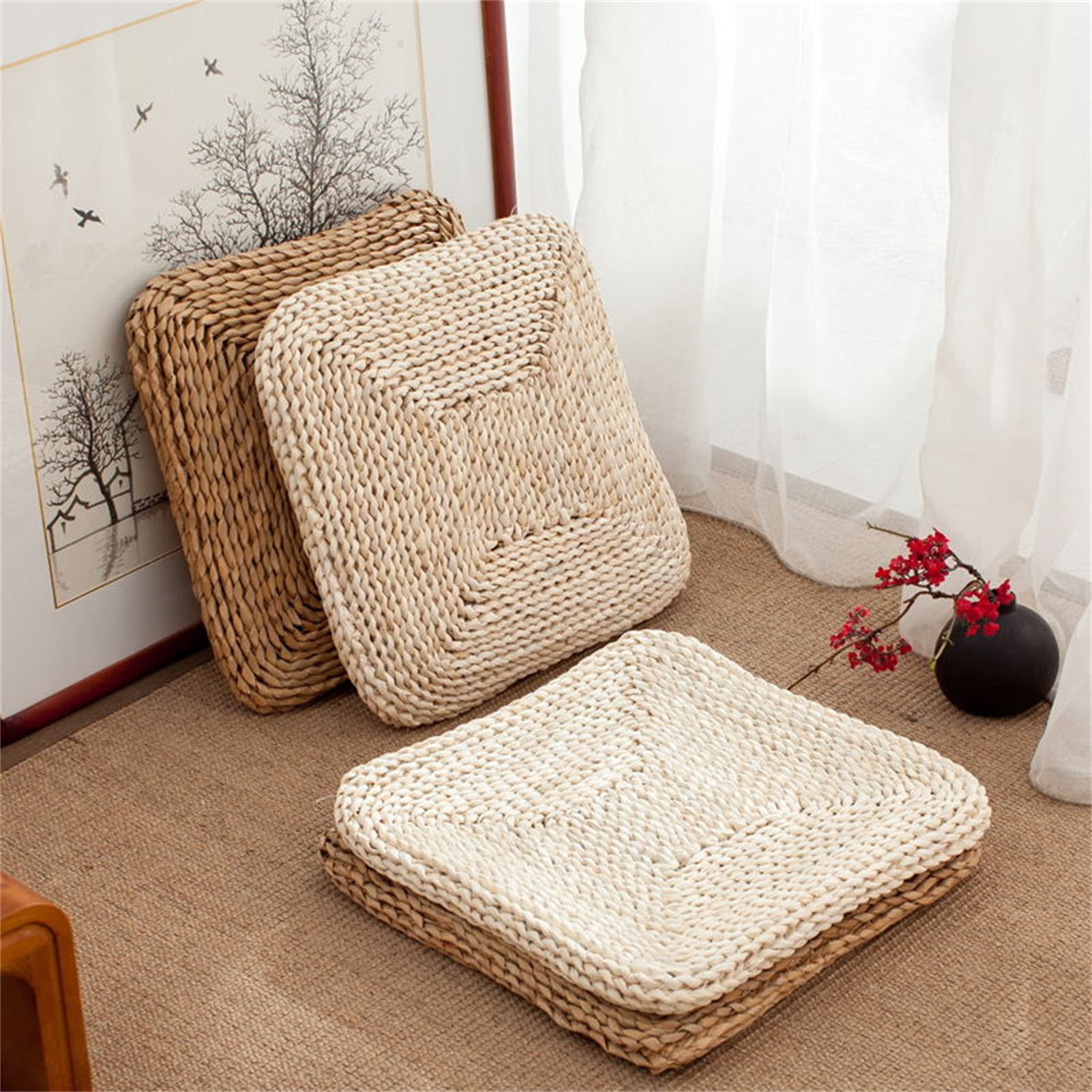 CUTICATE Round Japanese Style Thicken Floor Cushion Tatami Mat Woven Straw  Rattan Yoga Kowtow Cushion Patio Balcony Mat 36x9cm