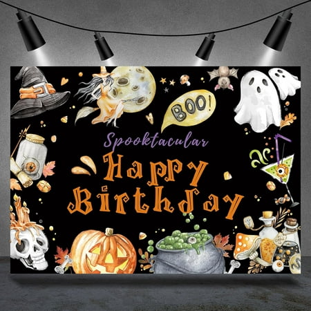 Image of Halloween Birthday Backdrop Boo Spooktacular Happy Birthday Cute Boo Photography Background for Baby Boys Girls Autumn Night Pumpkin Party Decorations Supplies Banner Photo Booth Props 7x